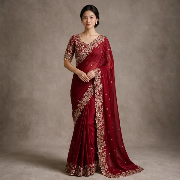 Red_Cotton_Embroidered_Saree_For_Women