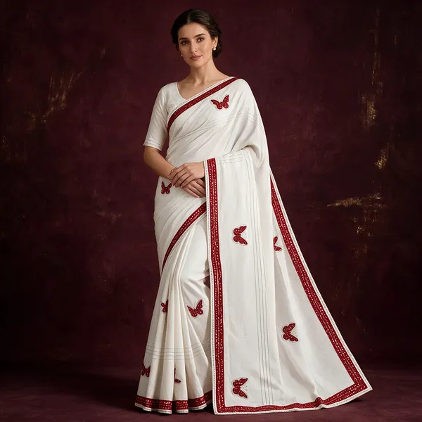 White_Cotton_Butterfly_Print_Red_Border_Saree_For_Women