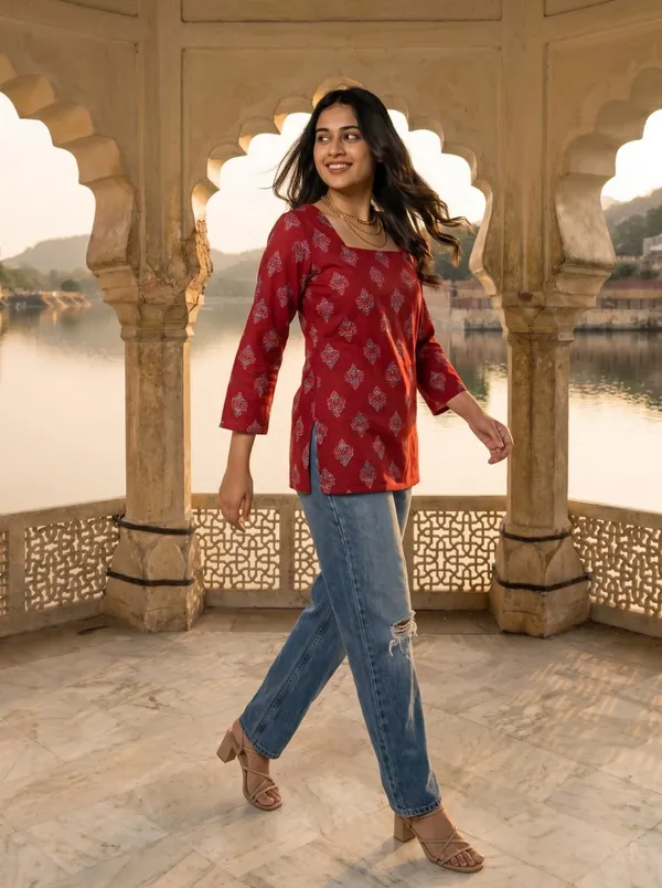 Red_Printed_Relaxed_Fit_Top_For_Women