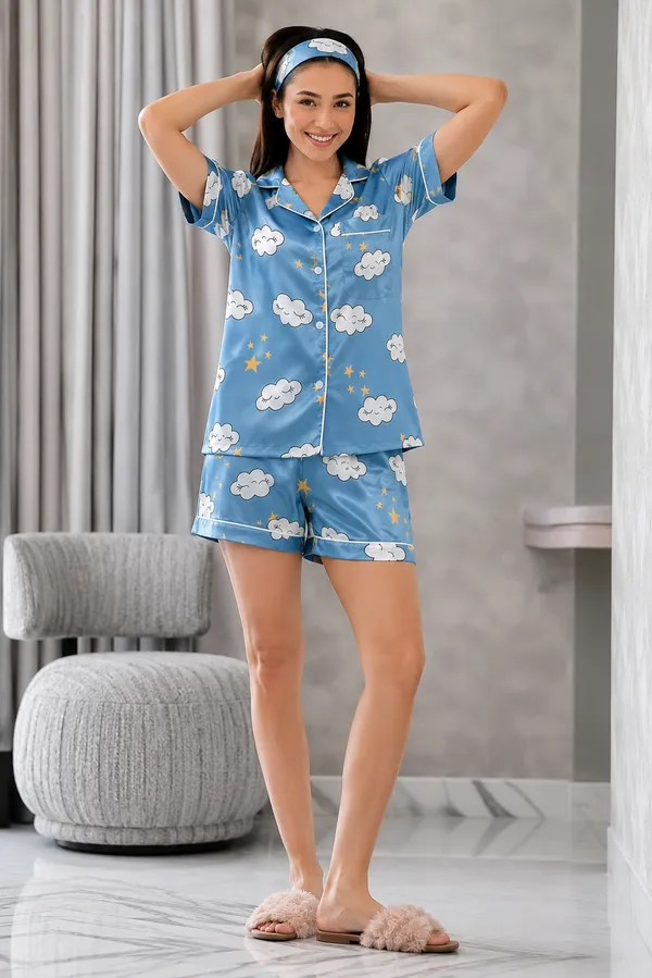 Blue_Satin_Printed_Short_Sleepwear_Set_For_Women