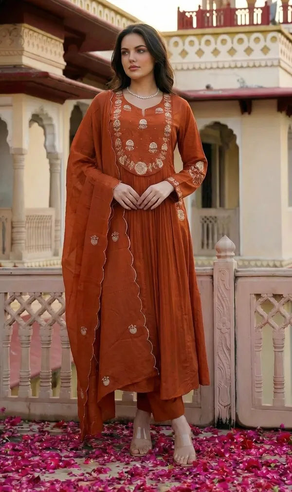 Rust_Embroidered_Anarkali_Kurta_Set_For_Women