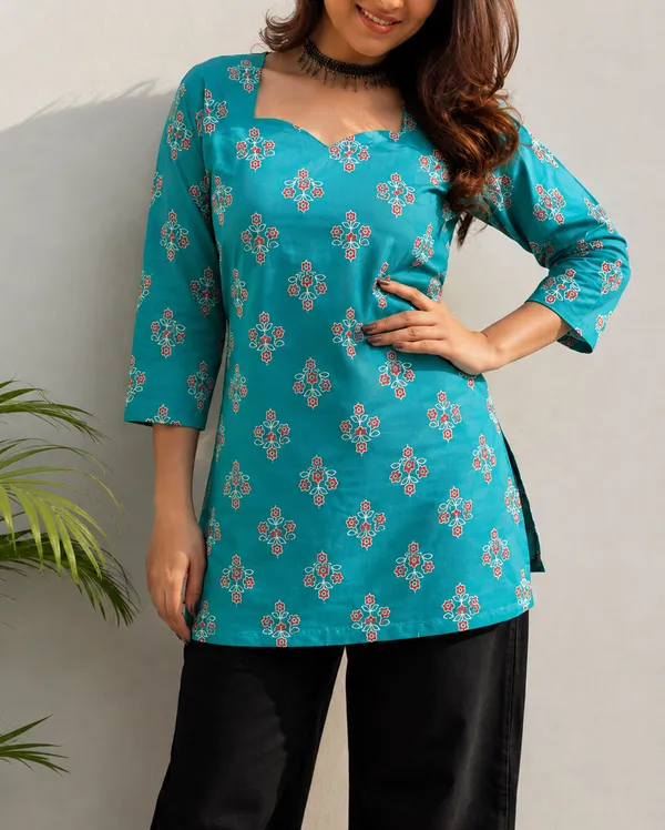 Teal_Printed_Straight_Kurti_For_Women