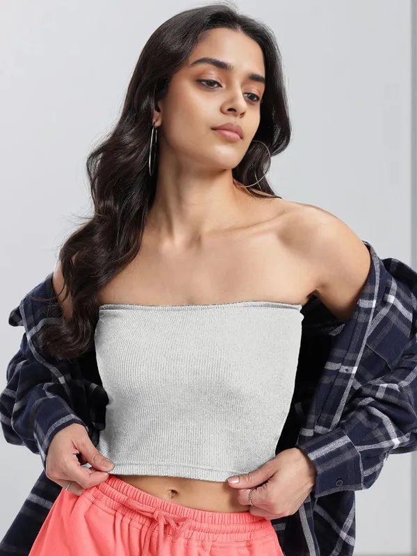 White_Ribbed_Knit_Bandeau_Crop_Top_For_Women