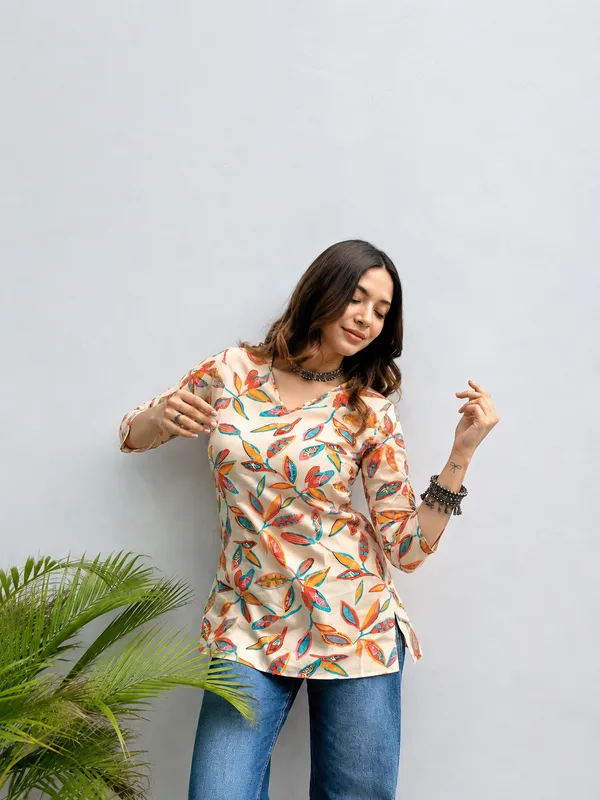 Beige_Printed_Regular_Fit_Top_For_Women