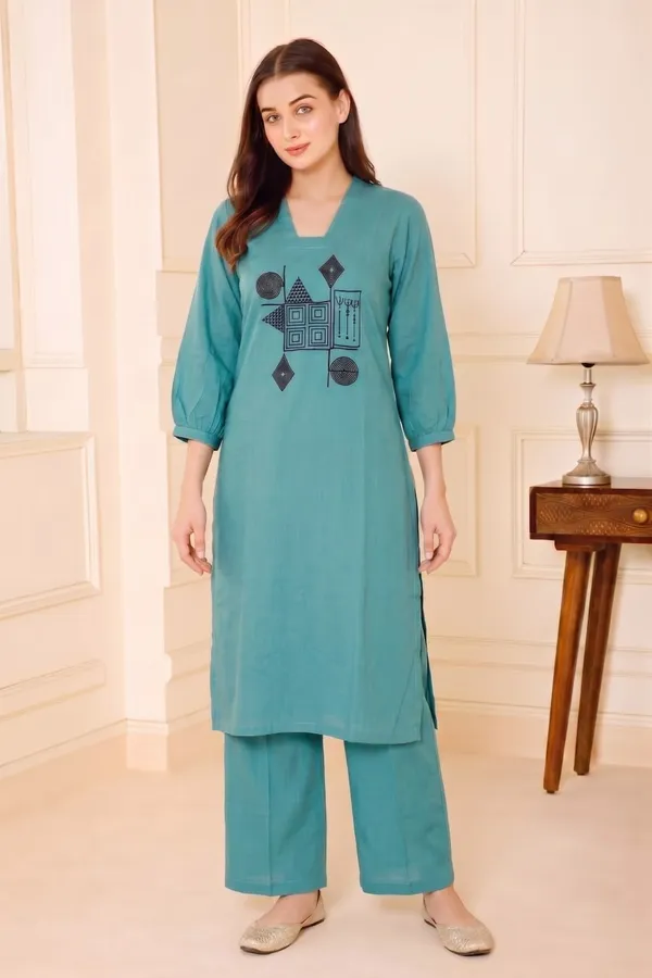 Teal_Geometric_Kurta_Set_For_Women