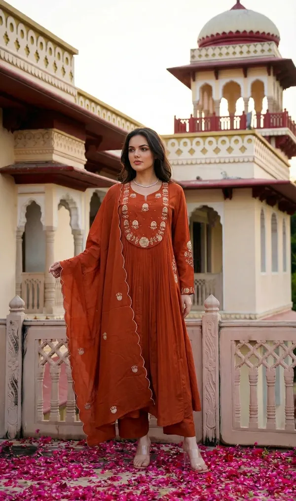 Rust_Embroidered_Anarkali_Kurta_Set_For_Women