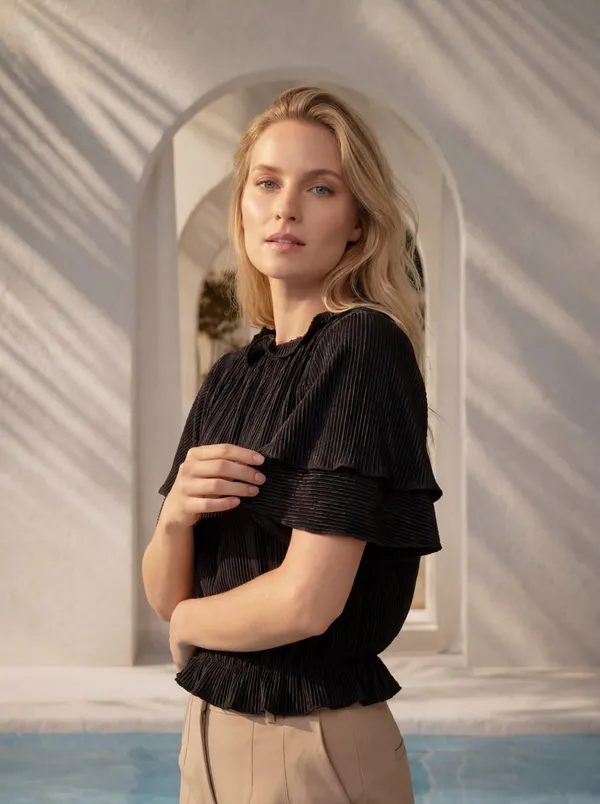 Black_Pleated_Ruffle_Sleeve_Top_For_Women