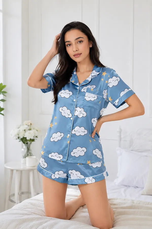 Blue_Satin_Printed_Short_Sleepwear_Set_For_Women
