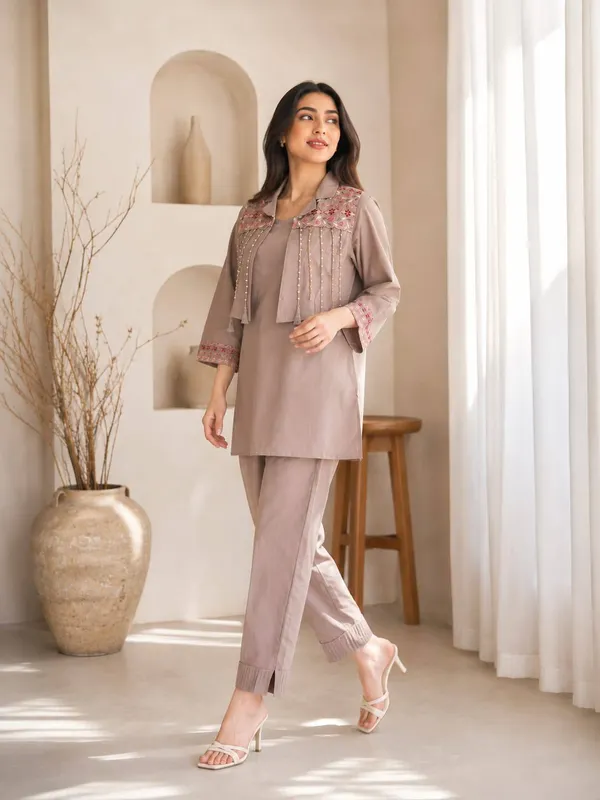Taupe_Embroidered_Kurta_Pant_Set_For_Women