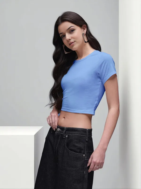 Blue_Slim_Fit_Short_Sleeve_Crop_Top_For_Women