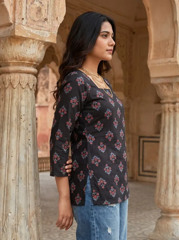 Black_Floral_Print_Straight_Kurti_For_Women
