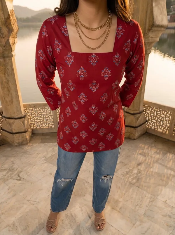 Red_Printed_Relaxed_Fit_Top_For_Women
