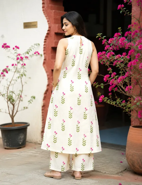 White_Printed_Sleeveless_Kurta_Set_For_Women