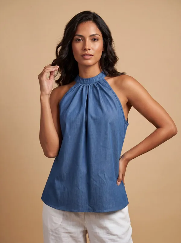 Blue_Halter_Neck_Sleeveless_Top_For_Women