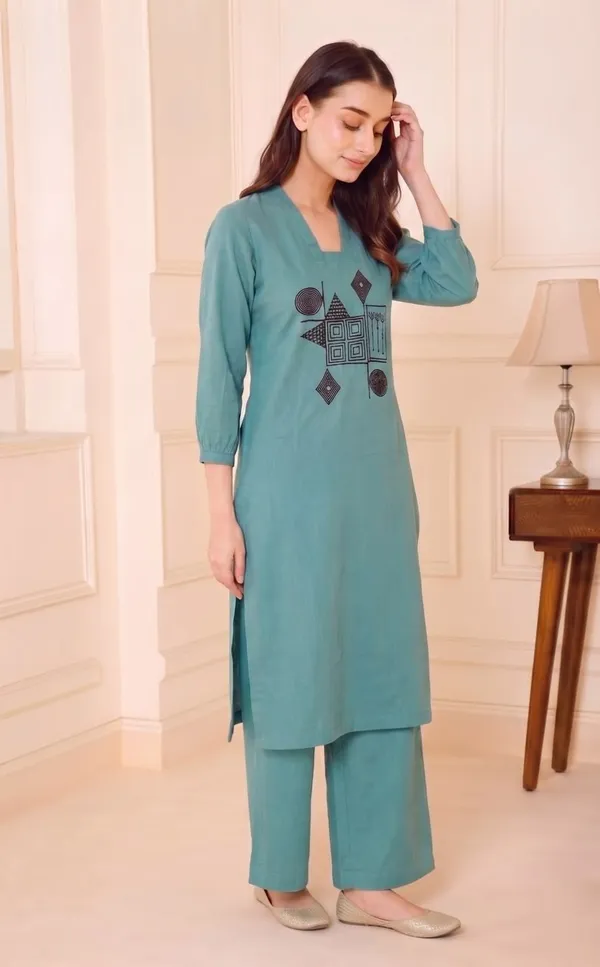 Teal_Geometric_Kurta_Set_For_Women