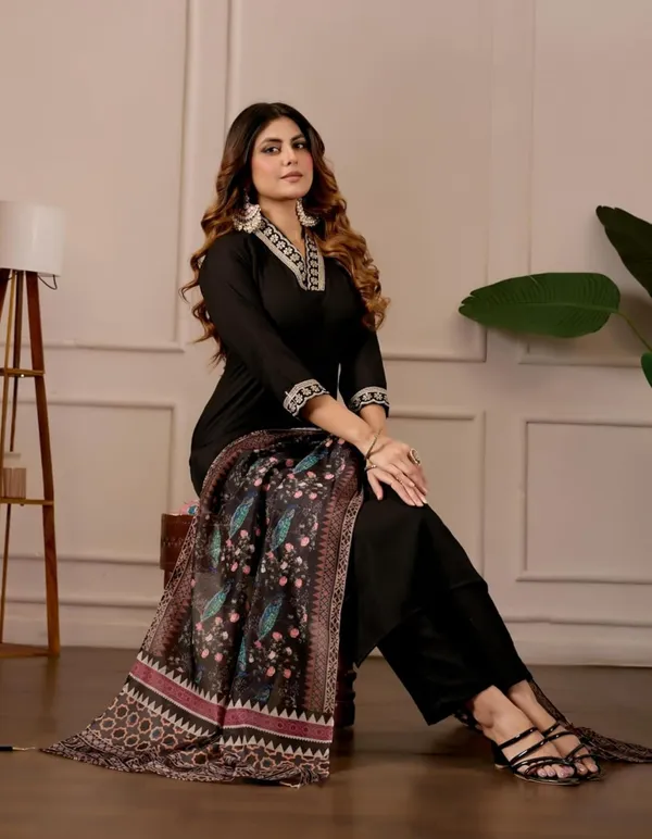 Black_Straight_Kurta_Set_With_Printed_Dupatta_For_Women