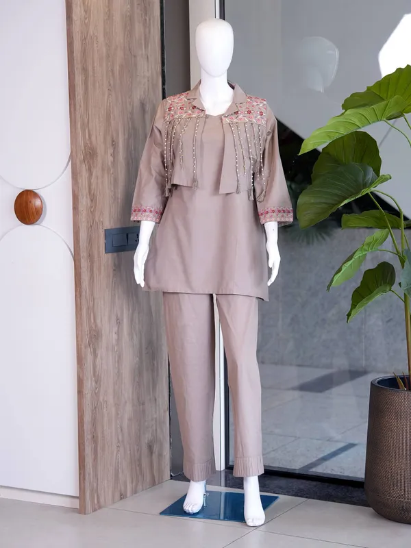 Taupe_Embroidered_Kurta_Pant_Set_For_Women
