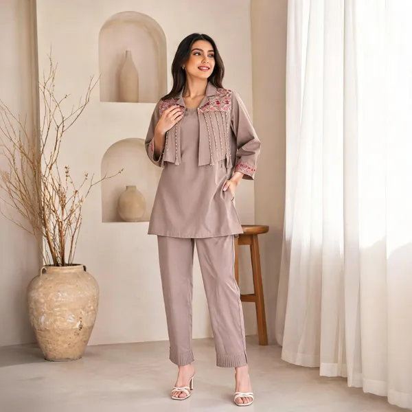 Taupe_Embroidered_Kurta_Pant_Set_For_Women