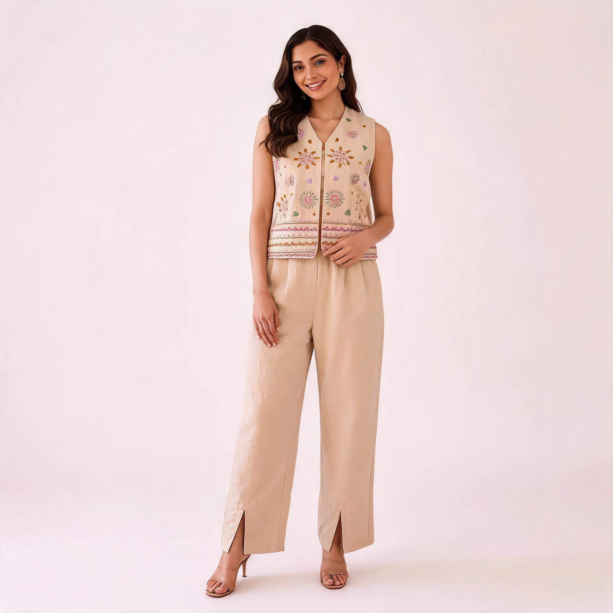 Beige_Embroidered_Three_Piece_Set_For_Women