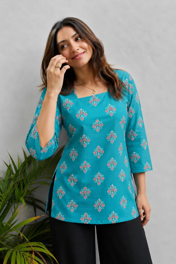 Teal_Printed_Straight_Kurti_For_Women