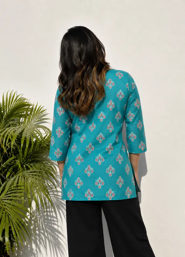 Teal_Printed_Straight_Kurti_For_Women