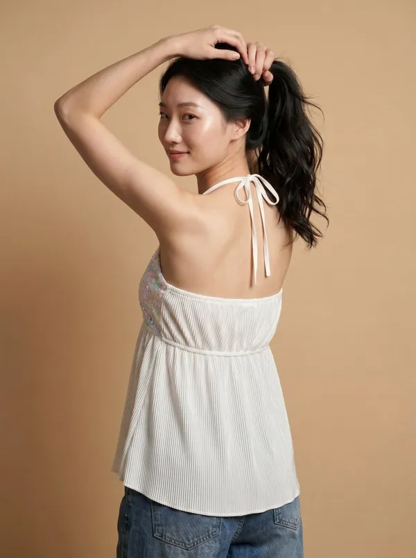 White_Sequin_Pleated_Camisole_Top_For_Women
