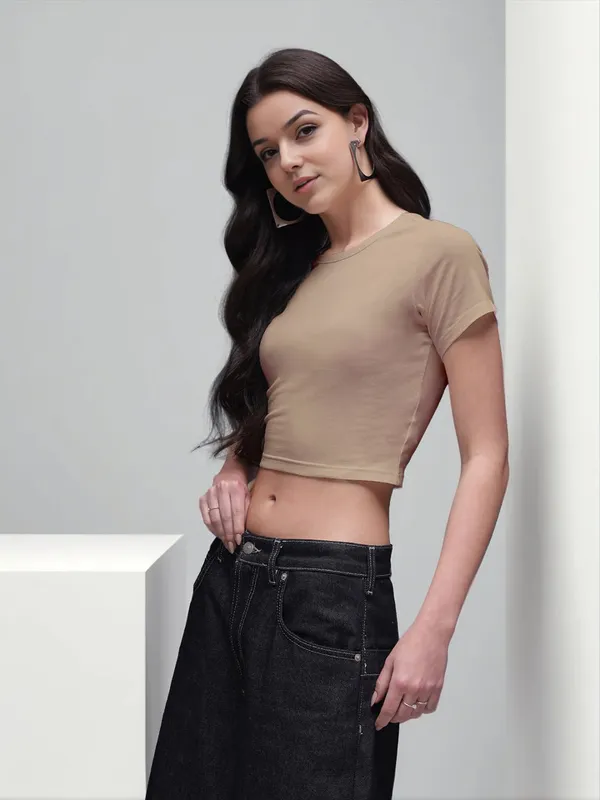 Beige_Fitted_Crop_T-Shirt_For_Women