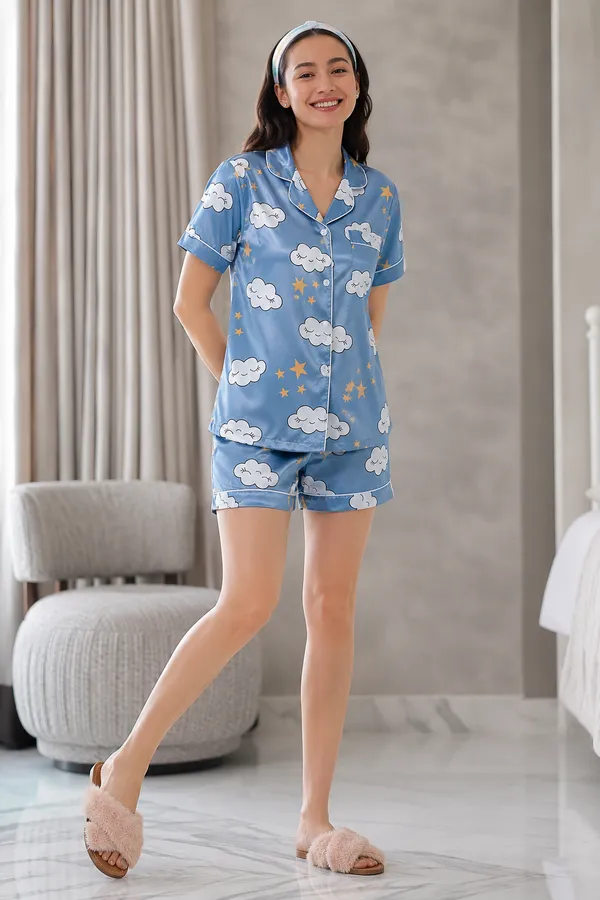 Blue_Satin_Printed_Short_Sleepwear_Set_For_Women
