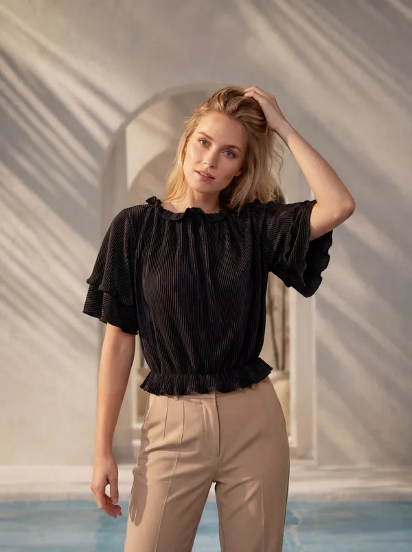 Black_Pleated_Ruffle_Sleeve_Top_For_Women