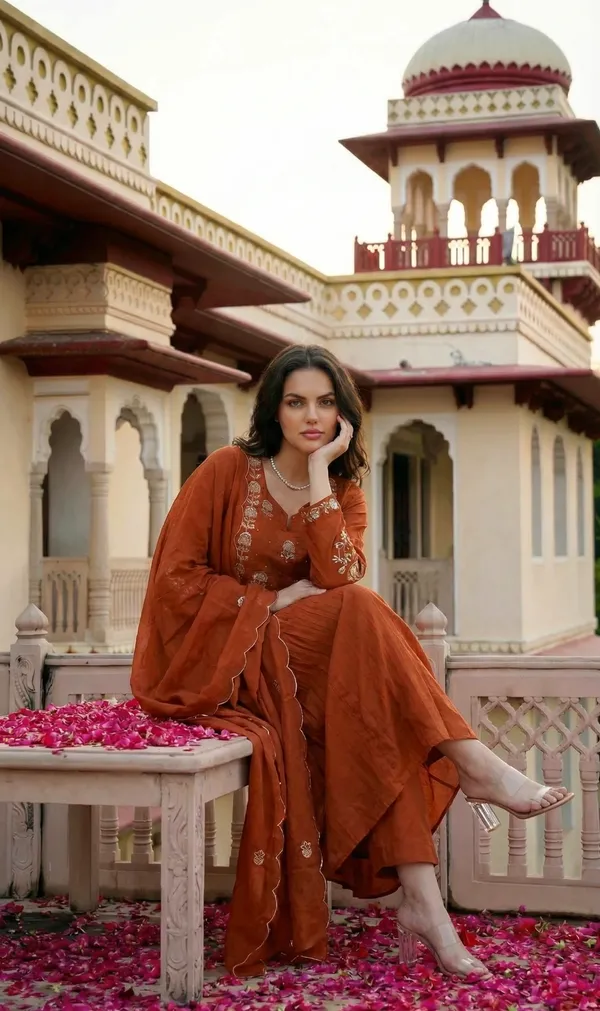 Rust_Embroidered_Anarkali_Kurta_Set_For_Women