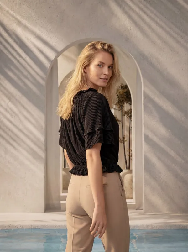 Black_Pleated_Ruffle_Sleeve_Top_For_Women