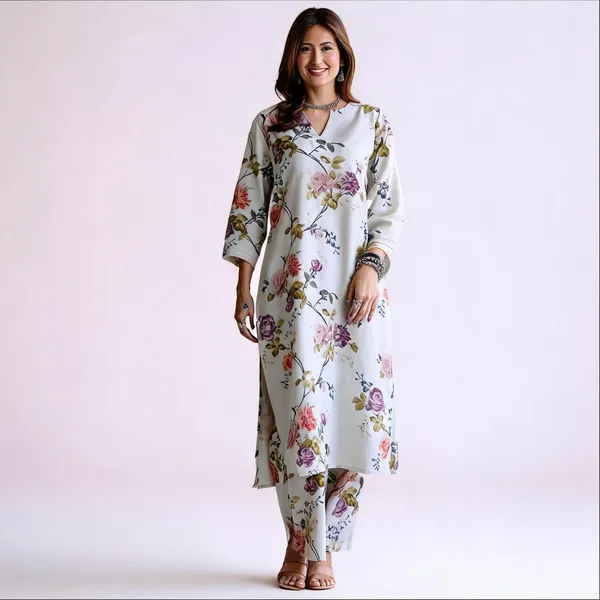 White_Floral_Print_Kurta_Set_For_Women