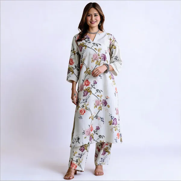 White_Floral_Print_Kurta_Set_For_Women