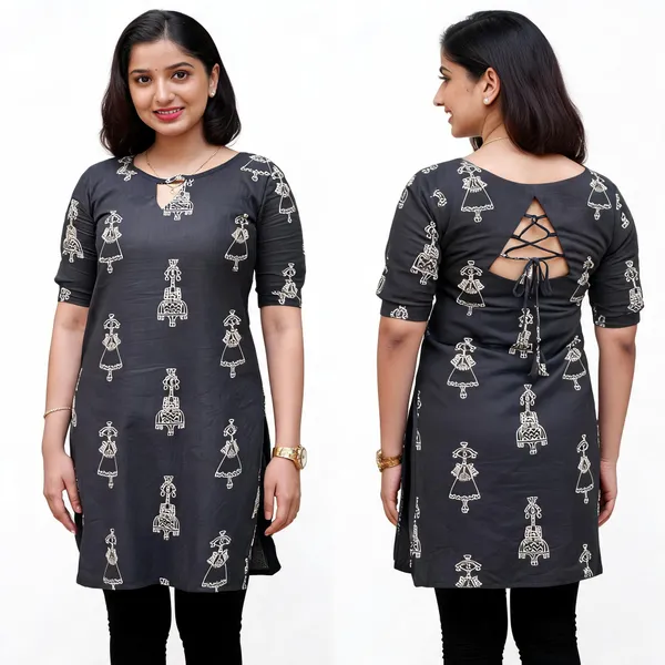 Black_Printed_Lace-Up_Kurti_For_Women