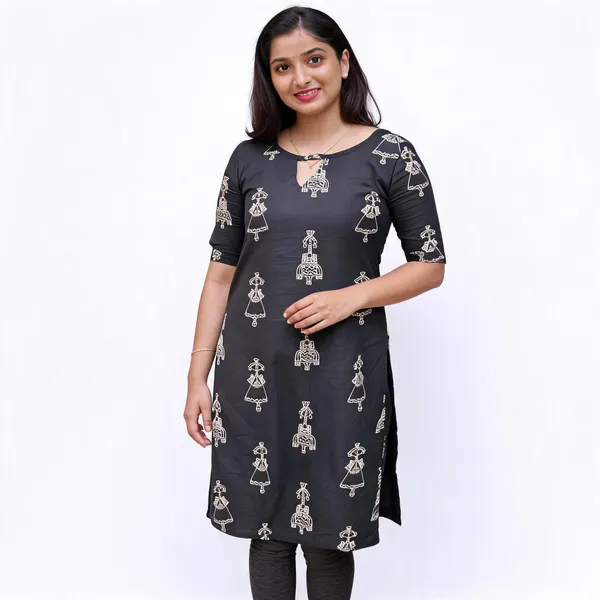 Black_Printed_Lace-Up_Kurti_For_Women