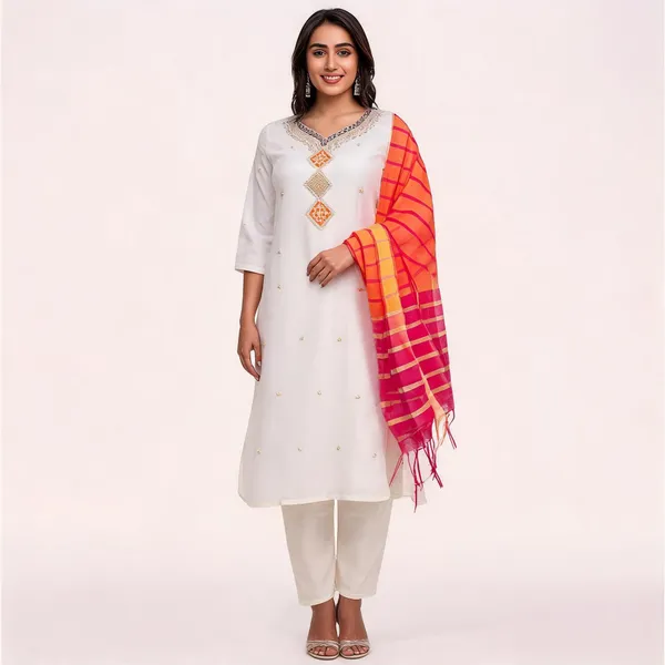 Pink_Checked_Kurta_Set_With_Dupatta_For_Women