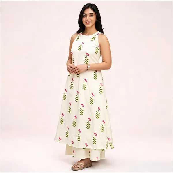 White_Printed_Sleeveless_Kurta_Set_For_Women