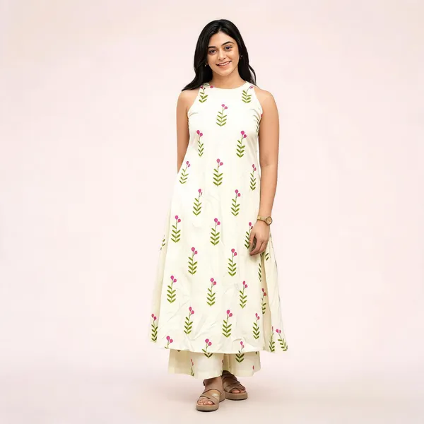 White_Printed_Sleeveless_Kurta_Set_For_Women