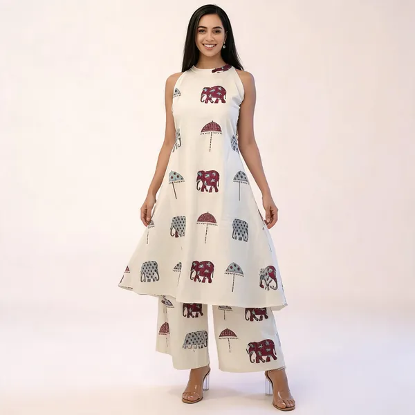 White_Printed_Flared_Kurta_Set_For_Women