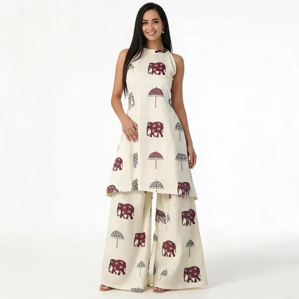 White_Printed_Flared_Kurta_Set_For_Women