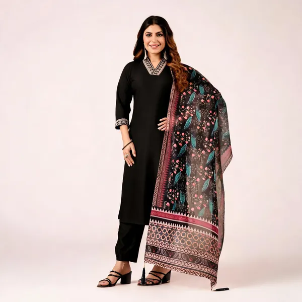 Black_Straight_Kurta_Set_With_Printed_Dupatta_For_Women