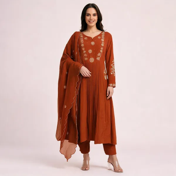Rust_Embroidered_Anarkali_Kurta_Set_For_Women