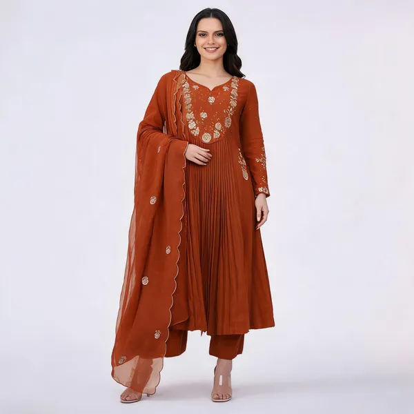 Rust_Embroidered_Anarkali_Kurta_Set_For_Women