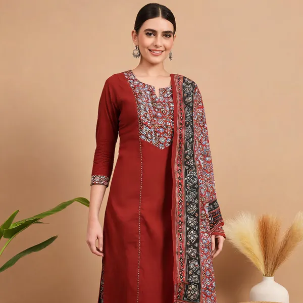 Rust_Printed_Straight_Kurta_Set_For_Women