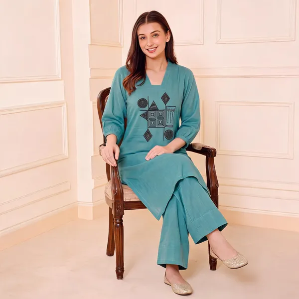 Teal_Geometric_Kurta_Set_For_Women