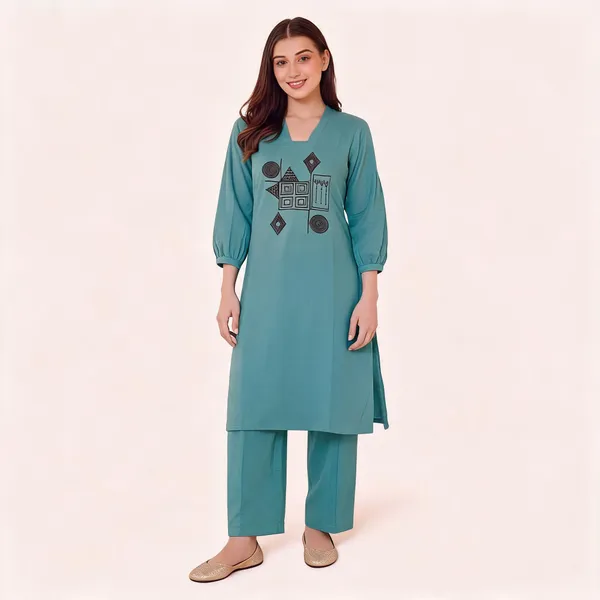 Teal_Geometric_Kurta_Set_For_Women