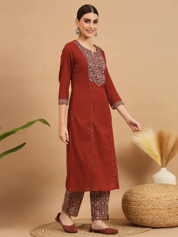 Rust_Printed_Straight_Kurta_Set_For_Women