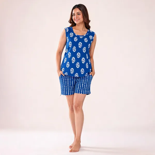 Blue_Printed_Sleeveless_Shorts_Set_For_Women
