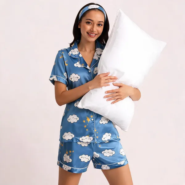 Blue_Satin_Printed_Short_Sleepwear_Set_For_Women