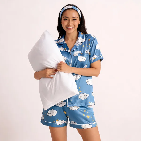 Blue_Satin_Printed_Short_Sleepwear_Set_For_Women